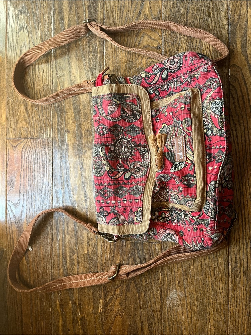 Sakroots Red Floral Pattern Crossbody Bag with Tan Trim